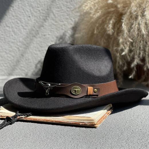 Woodpecker [Brand] Big Bullhead Western Cowboy Hat Men's Autumn and Winter Casual Versatile Retro Black Woolen Top Hat Women's Tibetan Jazz Hat Cowhead Belt Woolen Jazz Hat Off-White JSM-010 One Size 55-60CM