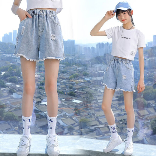 小猪彼特（PIG&PETER）女童短裤夏季薄款女孩夏装2025新款儿童裤子夏款女大童破洞牛仔裤 1428蓝色+1429白色 140 cm