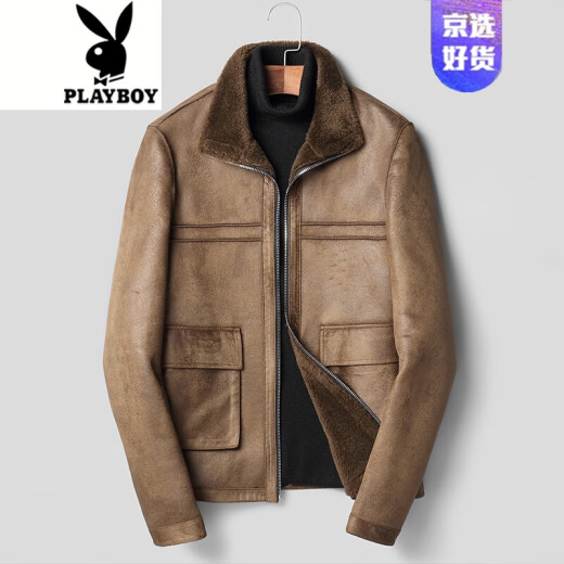 Playboy 2020 New Sheep Shear Fur Lapel One-piece Shearling Fur Jacket Haining Short Genuine Leather Jacket Men's Military Coffee Color 185/XXXL