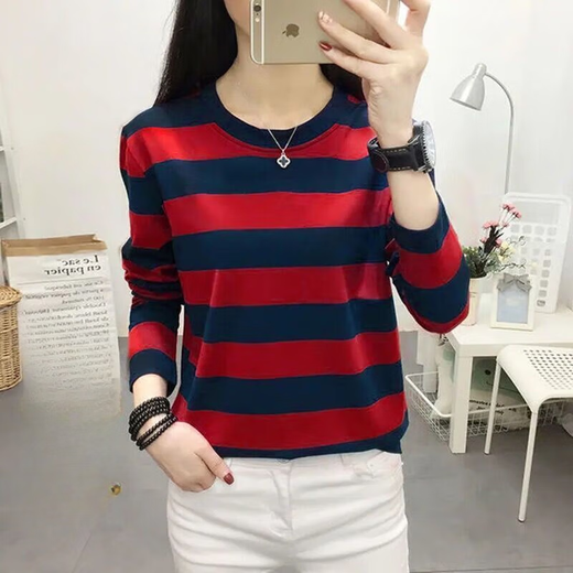 Kexin 145150 short round neck long-sleeved T-shirt women's plaid high-grade yarn-dyed fabric spring and autumn striped long T-shirt women's K829 red sapphire blue_(color) L recommendation 106-120Jin Jin equals 0.5 kg