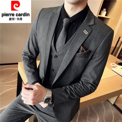 Pierre Cardin suit men's three-piece suit handsome slim suit men's business professional formal groomsmen groomsmen wedding dress meteor shower striped black three-piece suit 3XL