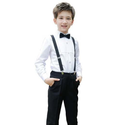 Feathered Duck Children's Dress Primary School Host Flower Girl Overalls Suit Boy Piano Cantata Performance Clothing Black Style 1 (shirt + trousers + suspenders + bow tie) size 130 (recommended height 117-126cm)