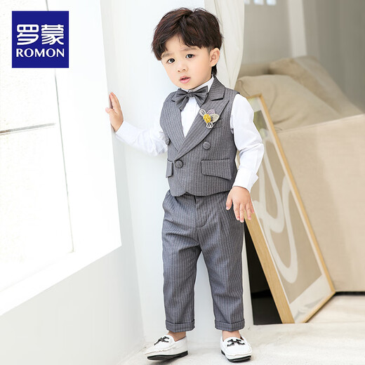 Robon de robe de fleur de fleur Romon Suit de style britannique Bébé garçon de petit garçon petit costume de petit costume pour enfants beau gilet de performance gilet + chemise + nœud papillon + pantalon 80