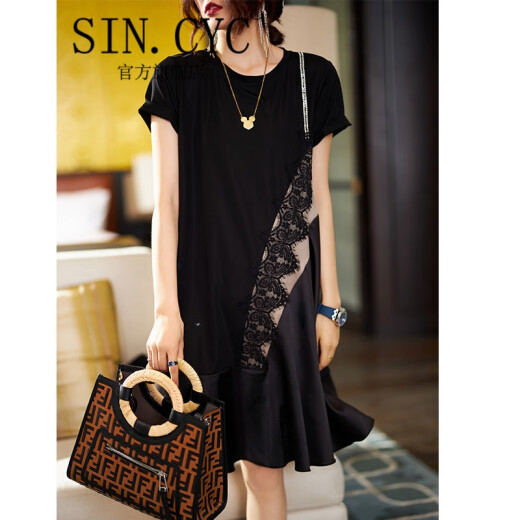 SIN.CYC Hong Kong fashion brand women's short-sleeved round neck dress loose mid-length diamond-encrusted lace splicing summer new fashion European and American style light and mature temperament skirt black 3XL