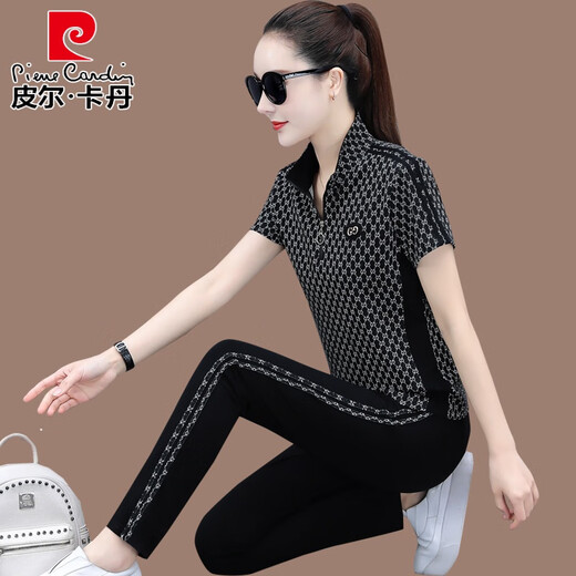 Pier Cardin ice silk sports sweatshirt suit for women in summer thin 2022 new fashion loose stand collar short sleeve trousers casual two 6625 apricot color two M (suitable for 80-92 Jin [Jin equals 0.5 kg]//+)