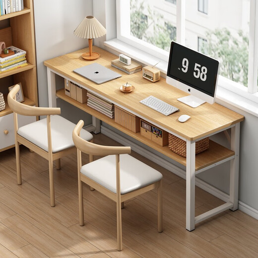 Min Yu Long Table Narrow Table Home Long Table Work Table Simple Desk Simple Computer Desk Writing Desk Rectangular Table Double Layer Warm White + White Frame 120cm