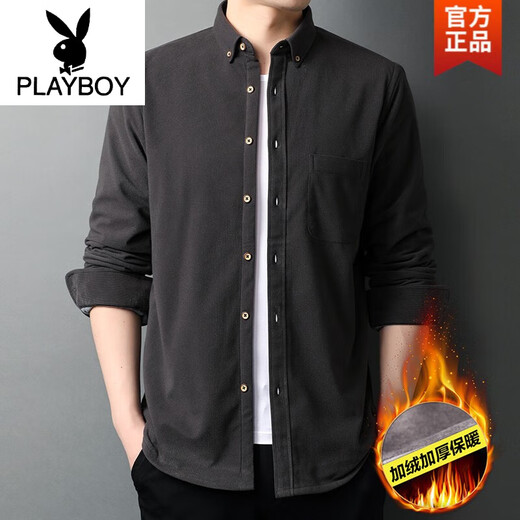 Playboy (PLAYBOY) 2024 Men's corduroy long-sleeved shirt in autumn and winter plus velvet thickened warm casual shirt light men WL easy to care SJ723 dark gray plus velvet L 175 easy to care 175