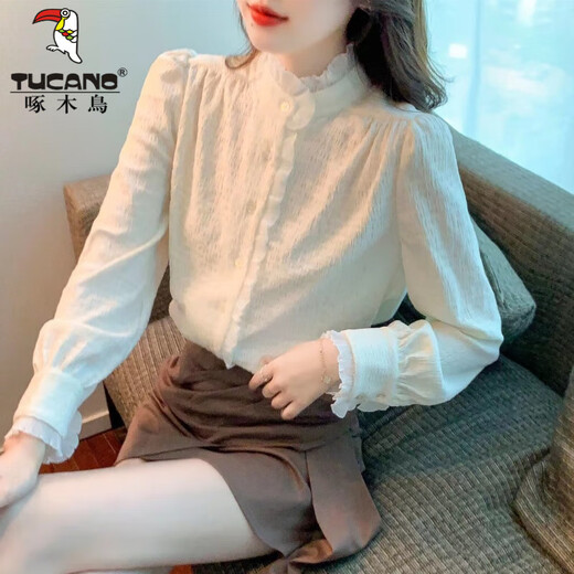 Woodpecker Autumn and Winter Western Style Shirt Thickened Lace Bottoming Shirt Women's 2026 New Inner Top Fashionable Velvet Shirt Off-White Regular M