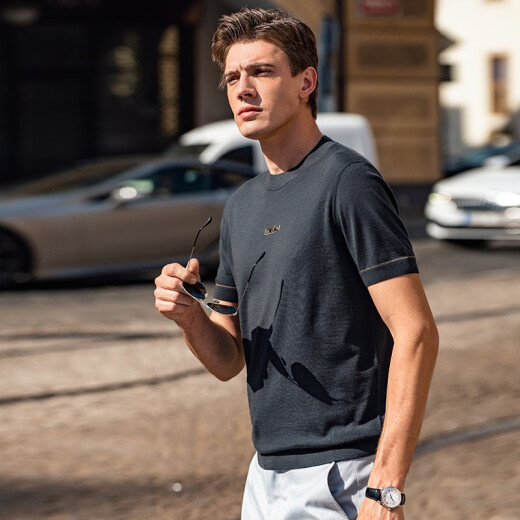 
Mr. Bu round neck short-sleeved wool T-shirt Spring and Autumn new letter logo for men's inner wear BT12188 Mineral gray 2XL (185)