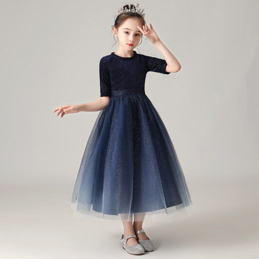 Jiumiguo children's host starry sky evening dress 2020 new temperament little girl blue catwalk dress princess dress flower girl long dress girl piano performance clothing children's clothing autumn and winter A01001-starry sky ordinary mid-sleeve dress comes with necklace 120