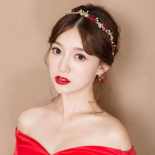 Bridal tiara, Korean style hairband, red hair accessories, fairy headband, toast dress, wedding accessories, rose tiara + earrings (ear clips)