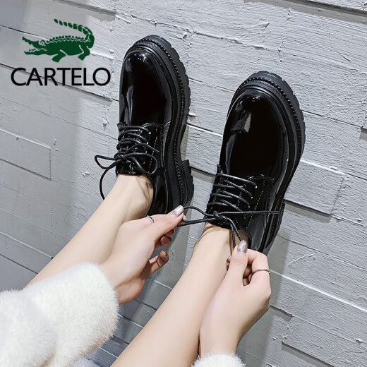 CARTELO Crocodile CARTELO Women's Shoes Korean Style Platform Shoes Versatile Thick Sole Heightening Lace Up Small Leather Shoes KDLYJ-WF126 Black 37/235 (1.5)