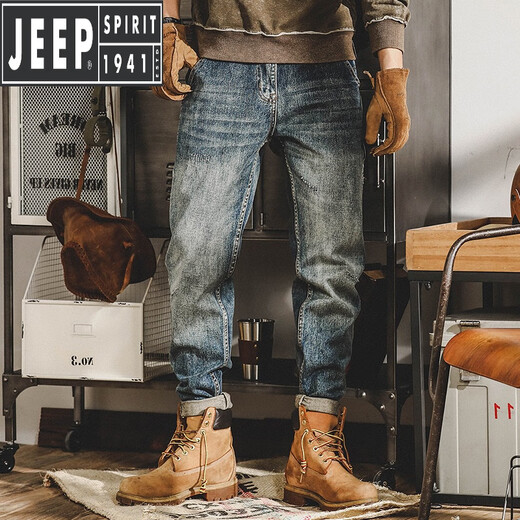 吉普（JEEP）美式工装牛仔裤子男宽松直筒春秋新款加绒厚重磅男士复古休闲裤潮 蓝色 29 105-115