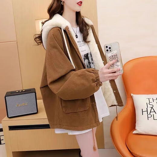 Modal Parker Jacket Women's 2025 Autumn and Winter New Velvet Thickened Cotton Clothes Loose Fashionable Lazy Style Casual Cotton Clothes Brown Velvet Thickened M Recommended 100-115 Jin Jin equals 0.5 kg