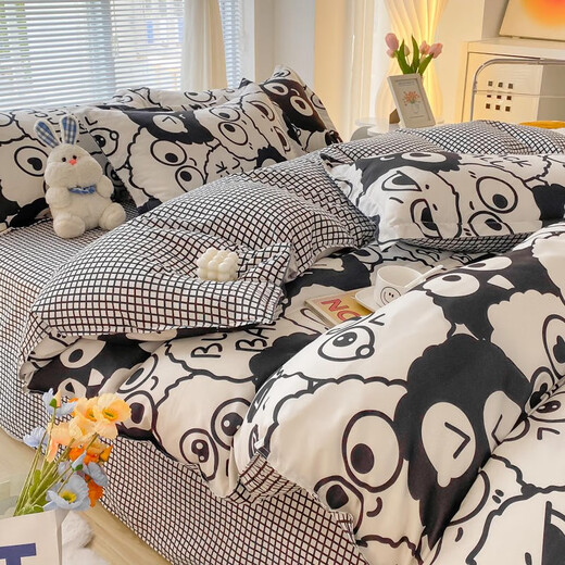 Yalu bed four-piece set, single simple hair-furted sheets and quilt covers, 4-piece set, double quilt winter quilt covers, bedding, cute coal balls, HS [buy 2 pieces and convenient to change] 1.8m four-piece set [quilt cover 180x220cm]