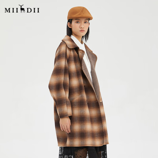 谜底2022冬款复古时尚文艺格纹中长款羊毛呢大衣外套女229MD6197 暗咖 M