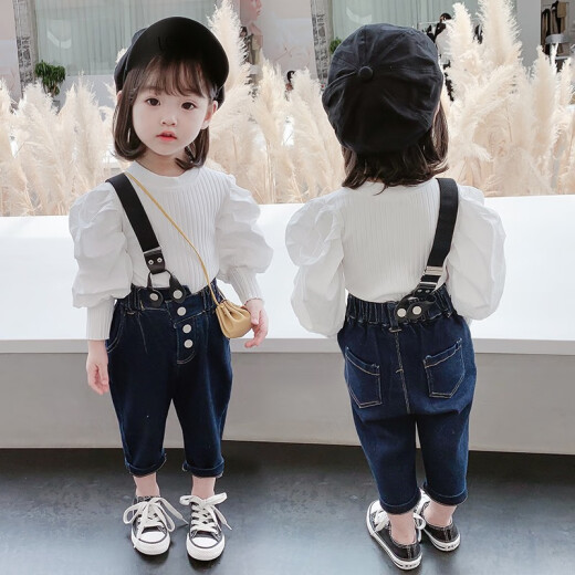 Haizhile Children's Clothing Girls Autumn Clothing Set 2021 New Children's Overalls Two-piece Set Western Style Three-Year-Old Baby Girl Autumn Little Girl Clothes Trendy Dark Blue 90 Size Recommended Height 90cm