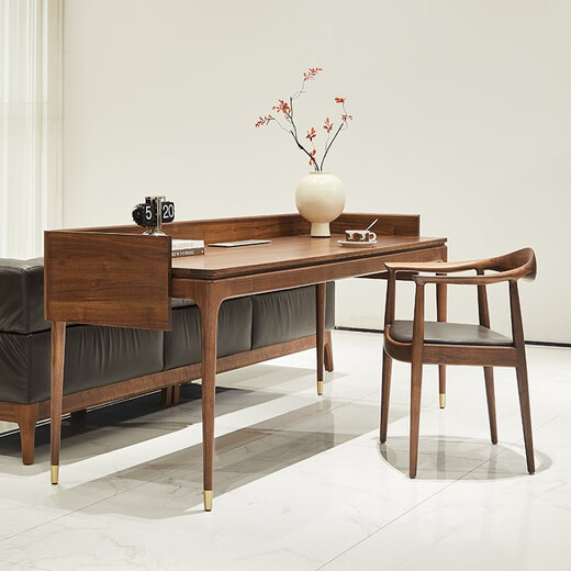 Youthful trend black walnut solid wood desk, large long desk in the living room, sofa back desk, simple double desk, single desk (with multi-function socket) 204*68*75cm