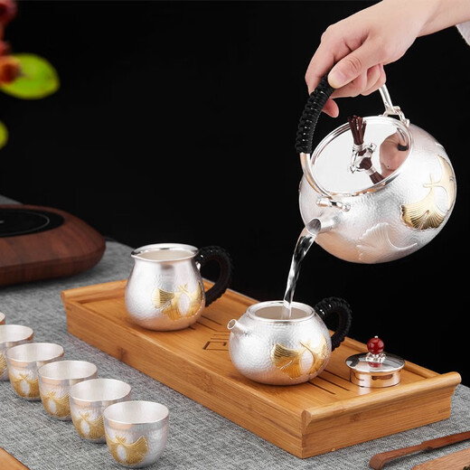 
Lanting Ziyuan Silver Pot Sterling Silver Handmade S999 Tea Set Set Complete Set of Boiling Kettle Tea Pots Fair Cups Kung Fu Tea Set Tea Ceremony High-end Gift Box 9-piece Set 1396g Sterling Silver 999+ Test Certificate