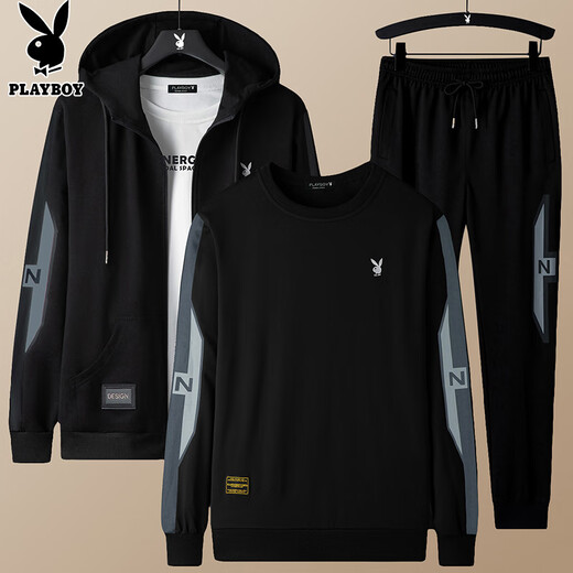 Playboy (PLAYBOY) sweatshirt men's suit men's autumn and winter long-sleeved T-shirt men's jacket men's tops trendy three-piece set black gray XL
