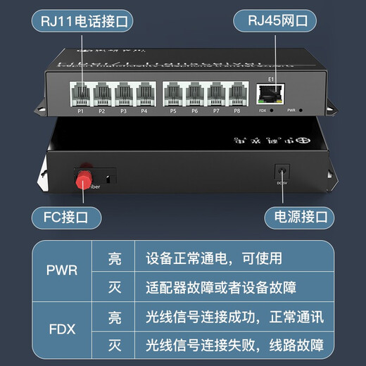 Zhongke Optoelectronics Teléfono de 8 canales Terminal óptico + 1 canal de 100 megabit PCM Voice Terminal Terminal Teléfono Transceptor Optoelectrónico Converter FC Port Puerto ZK-8P1E-20KM/FC