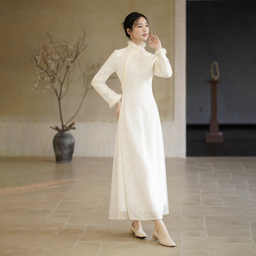 Chuchan Yishi new Chinese style Ao Dai cheongsam for women autumn and winter new white lace mesh knitted temperament national style dress white (length 125) M (ready in stock)