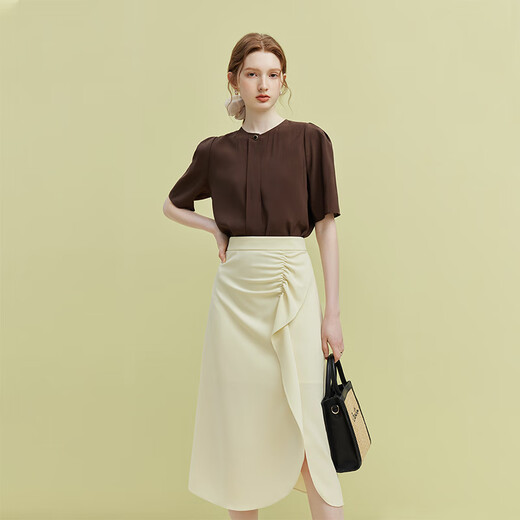 
Fan Silan 23FS12132 ruffled pleated skirt commuter solid color mid-length lower slit skirt for women light purple S