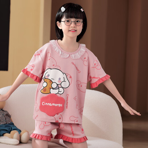 曼妮朵夏季儿童库洛米睡衣薄款卡通套装小女孩纯棉短袖女大童家居服全棉 M6636女【双短】 130cm 14码建议125-135cm