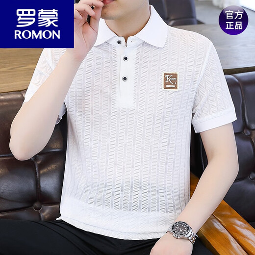 罗蒙（ROMON）冰丝短袖polo.衫男夏季薄款网眼镂空透气T恤2024新款纯色带领体恤 9923白色 L