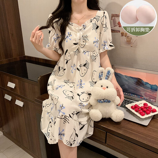 Dreaming summer sky princess style mid-length nightgown for girls 2023 new cute bear pure cotton edge Japanese pajamas QS skirt #9871 (with chest pad) L Recommended 100-120Jin [Jin equals 0.5 kg]