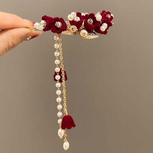 Qimei Love Hairpin New Chinese Style Engagement U-Shaped Hairpin Red Flower Pearl Tassel Ancient Style Coiled Hair Toast Wear Headwear Accessories Red Rose Tassel Hairpin