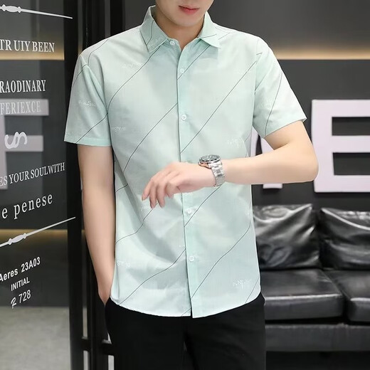 
XUANLAIYA men's short-sleeved shirt jacket summer large size half-sleeved solid color casual slim Korean style trendy youth shirt men 826 blue 2XL