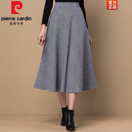 Pierre Cardin (Pierre Cardin) temperament women's woolen A-line skirt women's spring autumn and winter skirt mid-length retro high-waist large size mid-length skirt gray and white houndstooth L