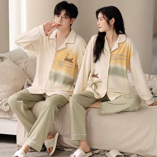 
Light and quiet pure cotton couple pajamas one man and one woman in autumn and winter long-sleeved lapels can be worn outside couples’ home clothes spring two-piece suit 983 M women + XL men