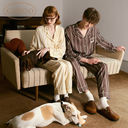 Gukoo Couple Pajamas Women's Autumn New Style Boom Puppy Maillard Striped Lapel Pajamas Men's Home Clothes for Boyfriend A Couple Striped Suit M for Boys
