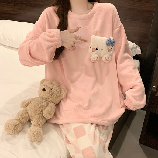 婉曼朵法兰绒睡衣少女秋冬季新款加厚加绒珊瑚毛绒圆领凯蒂猫冬天家居服 844# XL