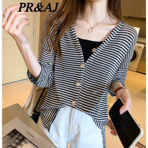 PR/AJ2021 new spring and autumn women's ice silk knitted cardigan new Korean style loose striped top thin temperament sun protection blouse air-conditioning shirt jacket black one size