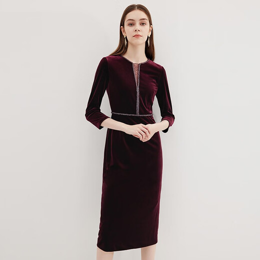 Aiteai retro high-end elegant beaded V-neck waist velvet dress dress autumn new style 7177815 Chateau Red 60 L 165
