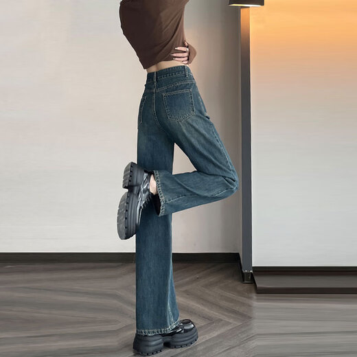 Jeans Jiguanmei pour femmes rétro-blancs rétro pour les femmes en vrac de pantalon à jambières droites de printemps et d'automne pour vous faire paraître mince 679 Jeans à lames larges bleues et gris adaptées à 80-95 Jin [Jin est égal à 0,5 kg]