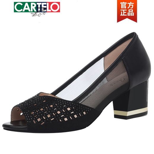 CARTELO 2025 summer new black thick heel high heel fish mouth middle-aged and elderly soft sole mother sandals mid-heel comfortable women's shoes