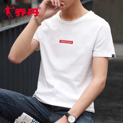 乔丹 短袖t恤男夏季新款棉质透气速干休闲服舒适时尚健身衣运动短袖男 白色【纯棉透气】 L /175