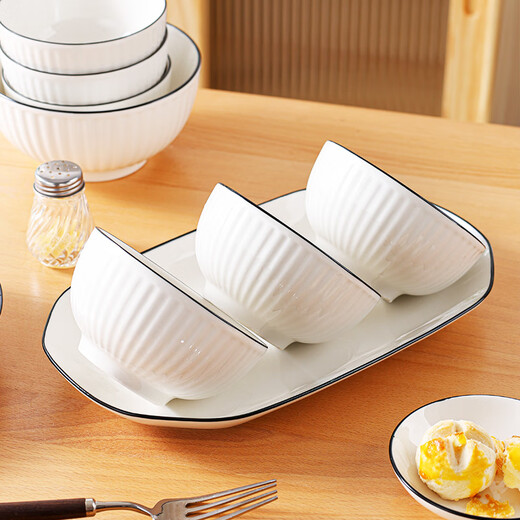 Chuanqi ceramic tableware 12-piece bowl and plate set underglaze color tableware set dish set microwave oven simple black line vertical pattern