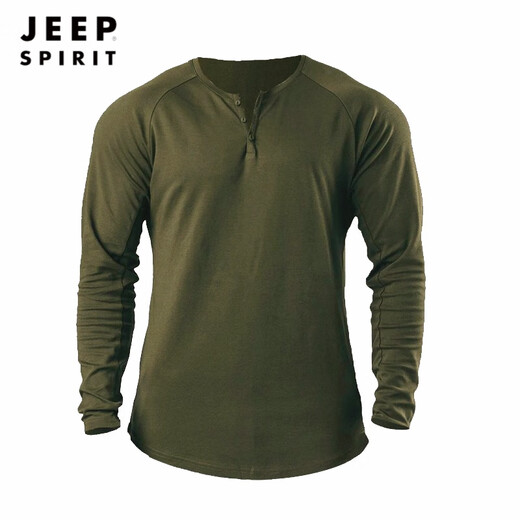 JEEP SPIRIT Retro Heavy Henley Long Sleeve T-Shirt Solid Color Sports Fitness Bottoming Shirt Men's Pure Cotton Stretch Thin V-Neck Cardigan Army Green 2XL