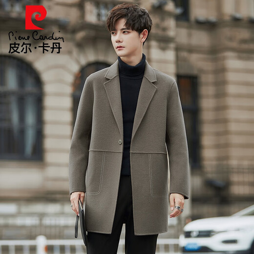 Pier Cardin high-end light luxury double-sided wool woolen coat for men's spring and autumn thickened wool woolen coat for men's windbreaker medium length gray-green XL weight 145-160 Jin [Jin equals 0.5 kg]