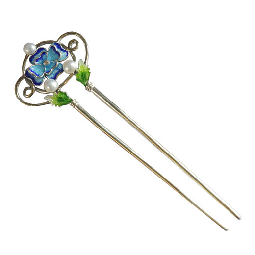 Meng Junchen S925 silver hairpin burned blue pearl retro antique style hairpin U-shaped short Hanfu palace headwear Chinese style