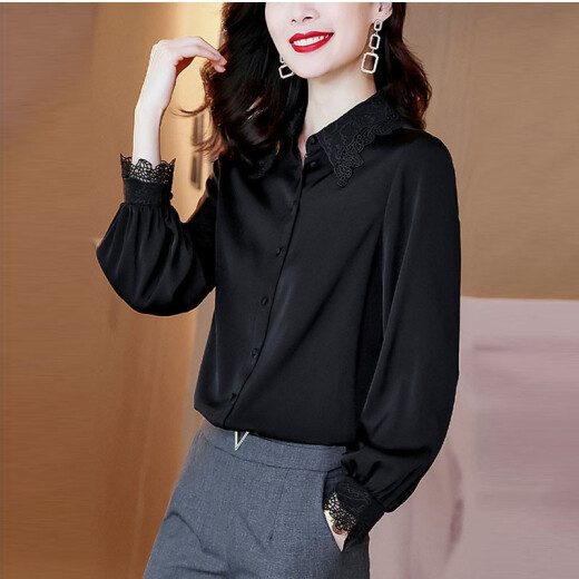 Yiyuyouxiang shirt women's long-sleeved satin shirt autumn and winter 2020 new fashion embroidered top black L