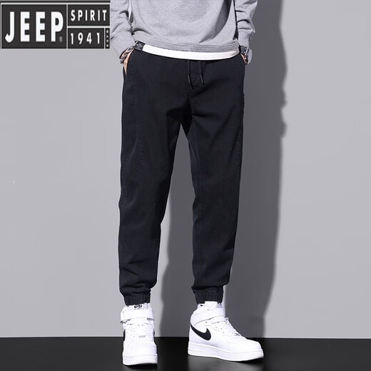吉普（JEEP）2023年新款秋冬季加绒裤子男士加厚束脚工装潮流松紧腰休闲牛仔裤 9859灰色加绒 2XL 【150-165斤】