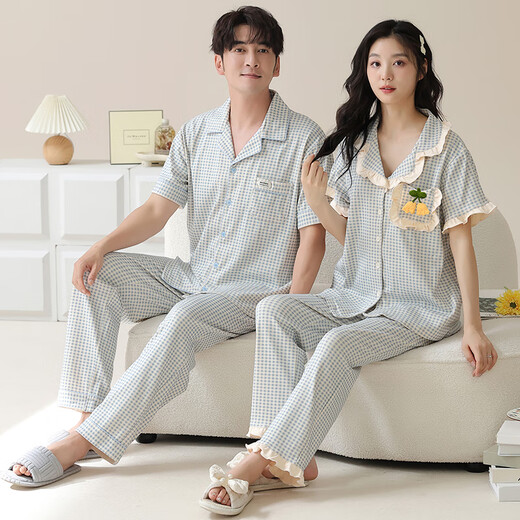 浪莎（LangSha）睡衣情侣装夏季纯棉7A抗菌短袖长裤家居服一男一女夏天可外穿套装 6227情侣装 女M+男XL