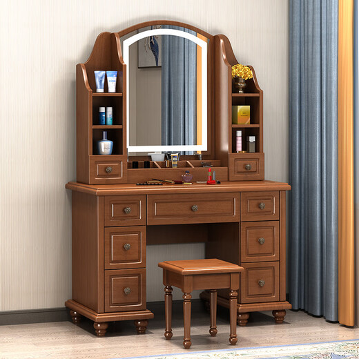 Shifuju-Schminktisch Leicht Luxus High-End American Massive Holz Schminktisch Massives Holz Schminktisch Schlafzimmer Europäische amerikanische Licht Luxus mit Licht 9930# mit leichter Begonie Farbe