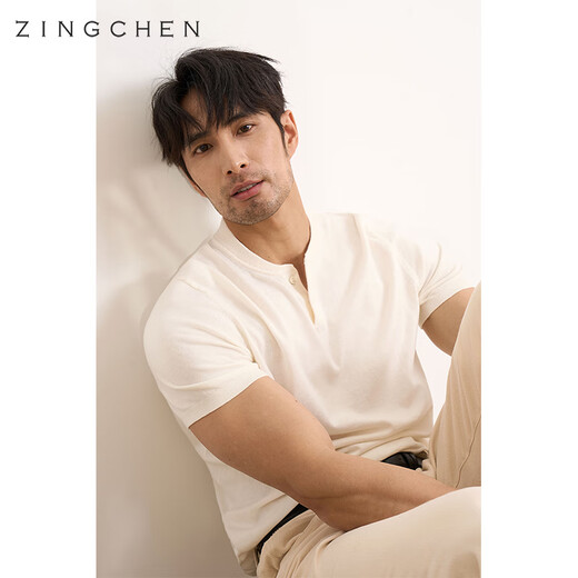 Zingchen [machine lavable Henry Neck Sleeves courte] T-shirt à manches courtes tricotées